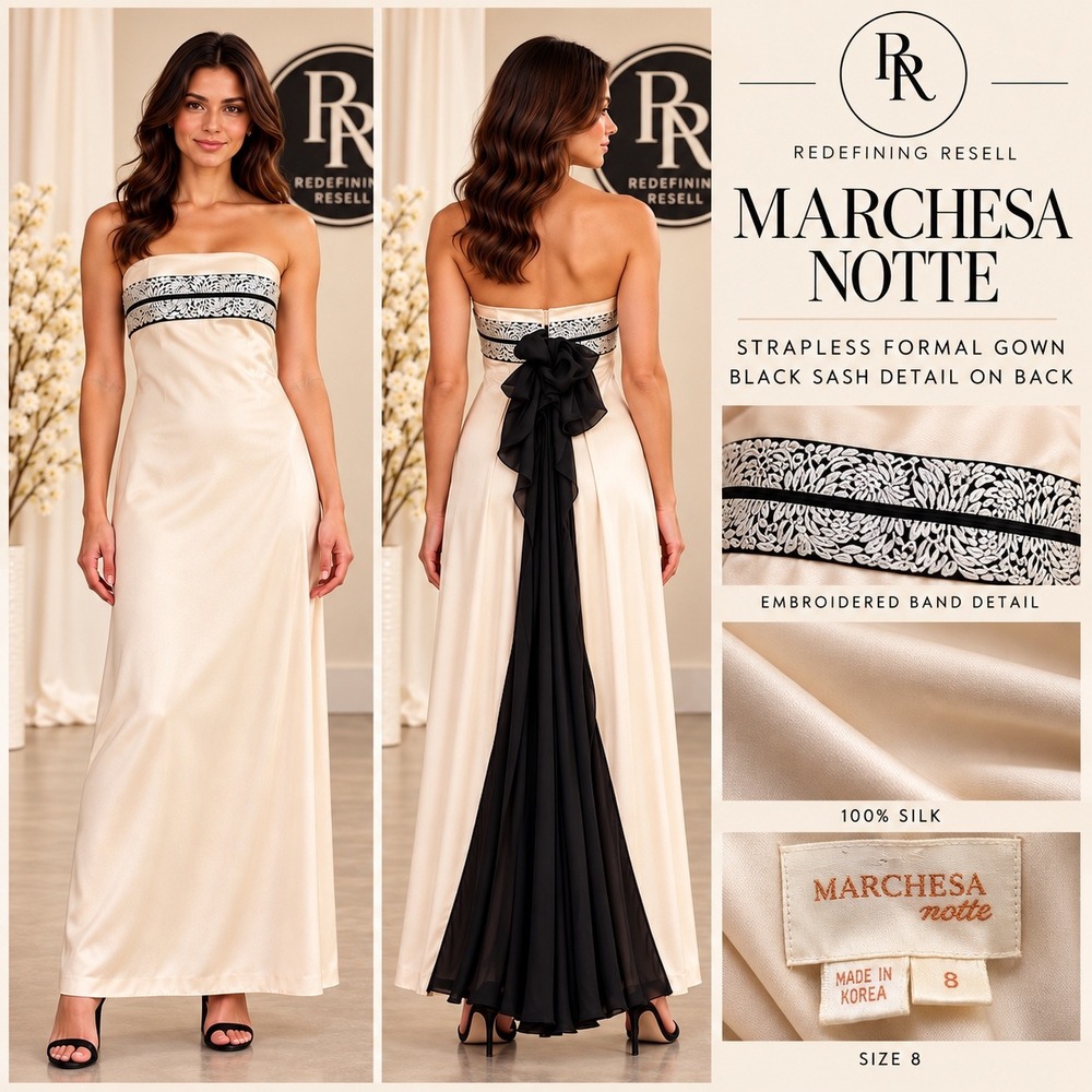 Marchesa Notte Silk Strapless Formal Gown Champagne Black Sash Size 8